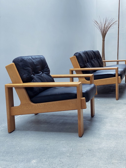 Esko Pajamies For Asko "Bonanza" Sofa / 3-Seater & Armchair Set Leather Black Solid Oak Wood, Finland 1970s