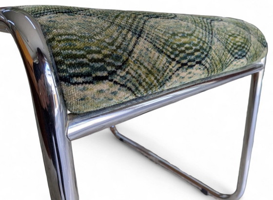Image 1 of 2x Vintage Chrome Chairs 70s | Retro Design | Fabric Upholstery Green | Mid - Century Chairs | Space Age Chair Set
