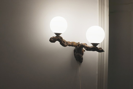  Vintage Driftwood Wall Lamp Double Opaline Globe Sconce Vine Root Light Fixture Organic Brutalist Lighting Handmade Wall Light 