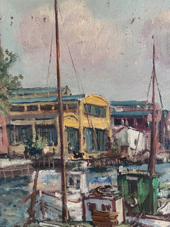 Image 1 of Pintura al óleo original de época que representa un puerto escandinavo.