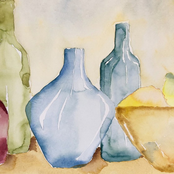 Image 1 of Aquarelle aux bouteilles et aux fruits Allemagne, années 90