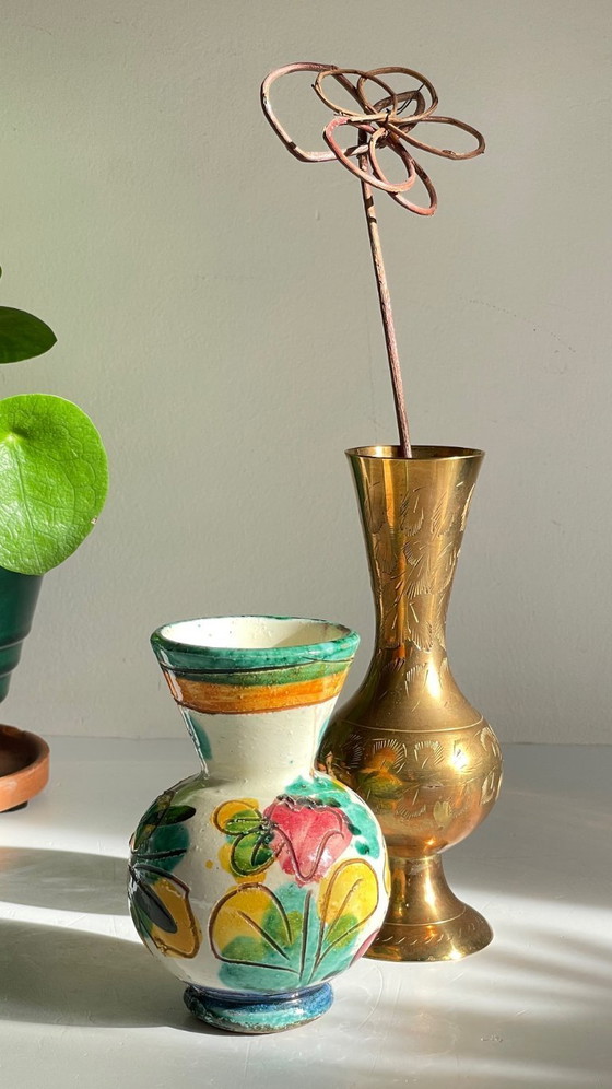 Image 1 of Vintage Handcrafted Ceramic and Brass Vases