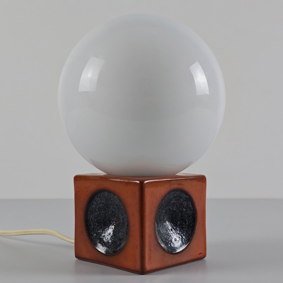 Image 1 of Vintage 1970S Table Lamp With Opal Glass Globe Shade & Ceramic Base