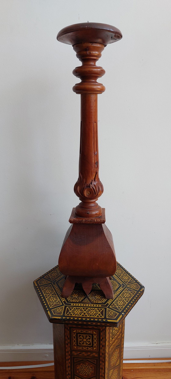 Image 1 of Large Candlestick - Wood - Hand Carved Asia - - 1950-1960