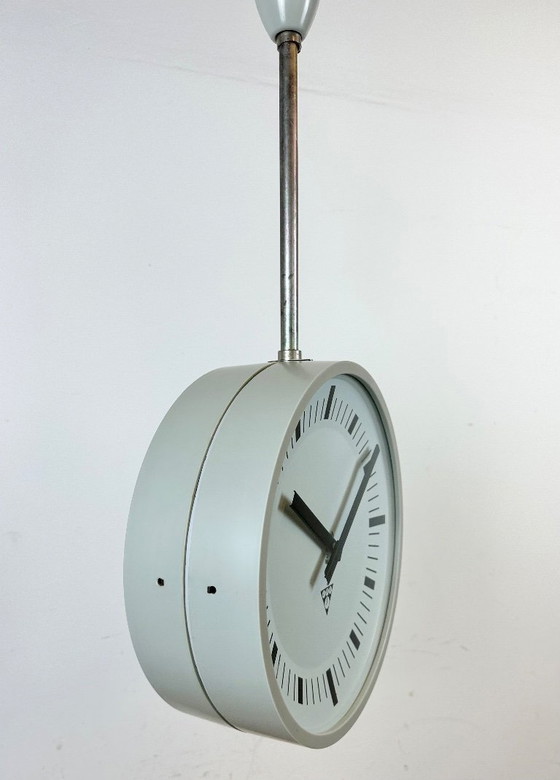 Image 1 of Grey Industrial Bakelite Double Sided Factory Clock from Pragotron, 1980s