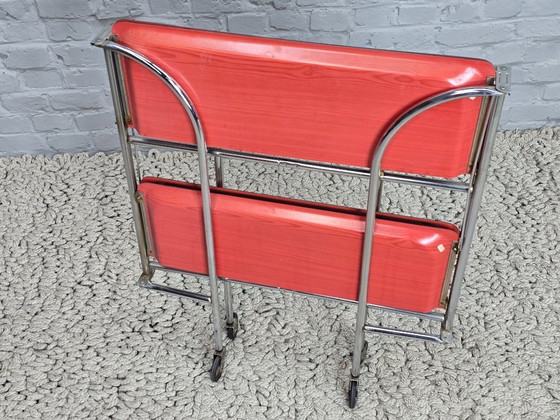 Image 1 of Vintage Foldable and Mobile Chrome Steel ‘Dinett’ Serving Trolley with 2 Red Layers by Gerlinol, Germany, 1970s. 