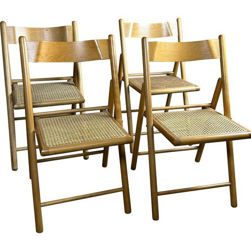 Set di 4 sedie vintage in faggio e rattan, Italia 1980