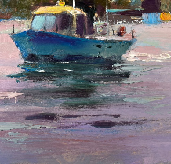 Image 1 of Peinture à l'huile originale, paysage de village au crépuscule, bateau sous les fenêtres de la mer