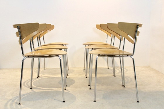 Stackable Thonet Chrome and Beechwood Curved Diner Chairs, Dining chairs, Modern (photo 2 of 12)