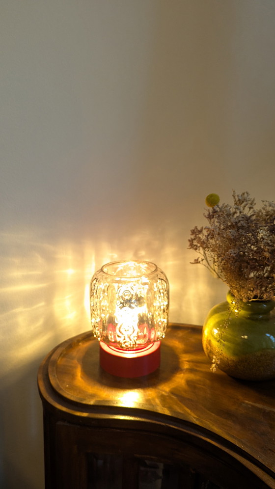 Image 1 of Art Deco Smoked Glass Red Base Table Lamp Mid-Century