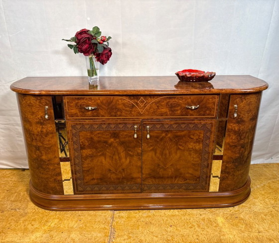Image 1 of Vintage 1980s Hollywood Regency Italian Sideboard – Walnut Effect & Mirrored Details  