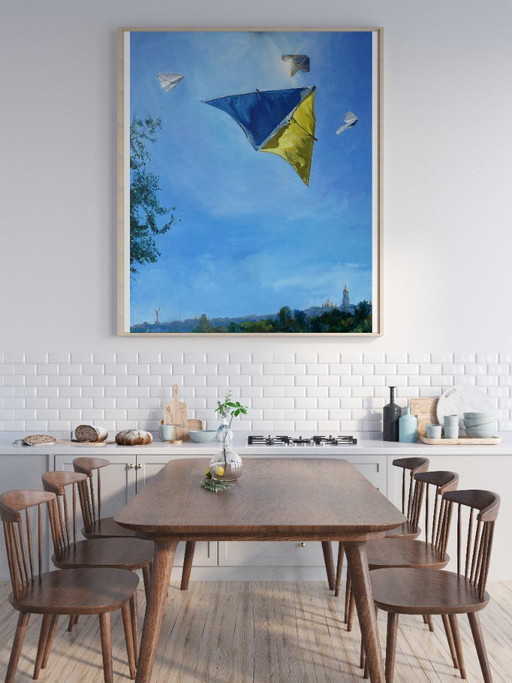 Original Oil Painting Modern Art Symbolism Sky Flight Let's Save, Let's Get Up – schilderijen tekeningen (photo 2 of 5)