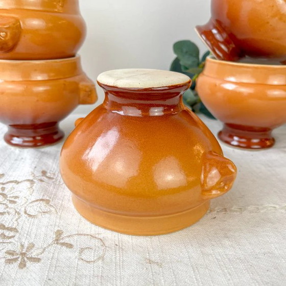 5 Ciotole Vintage Emile Henry Ceramica Testa Leone Zuppa Cipolle - Sfumatura Miele/Marrone, Francia - (photo 9 of 9)