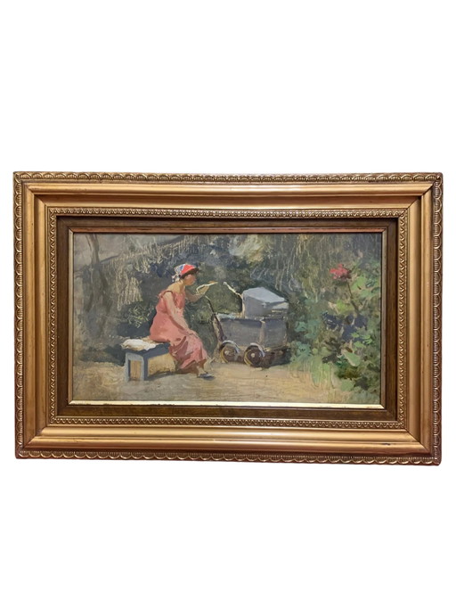 Peinture à l'huile sur toile Maternité par Attilio Melo, années 1950