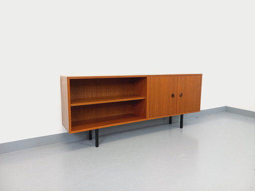 Scandinavian modernist style enfilade bookcase storage unit in teak and black metal from the 60s