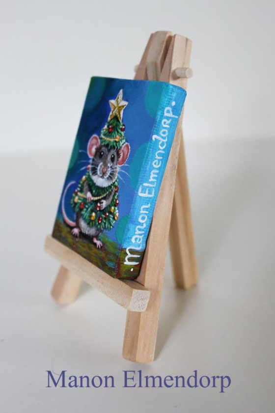 Unique Hand-Painted Miniature Painting Mouse as Christmas Tree, Paintings & Drawings, Canvas, Wood (photo 2 of 6)