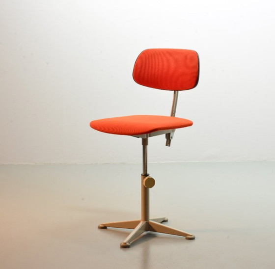 Image 1 of Ahrend De Cirkel Industrial Design Desk Chair with Orange Fabric Upholstery on a Grey Steel Frame. The Netherlands, 1950s.