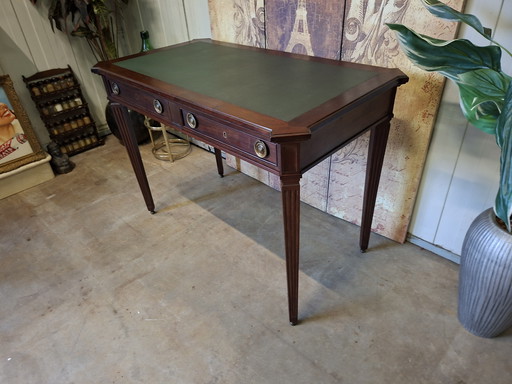 Antique writing table, desk, desk with leather inlay and brass hardware approximately dim. 110x61cm and 77cm high.