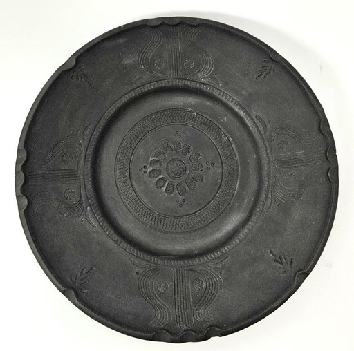 UNIQUE large vintage handmade hungarian BLACK CERAMIC hanging wall plate from 1970s