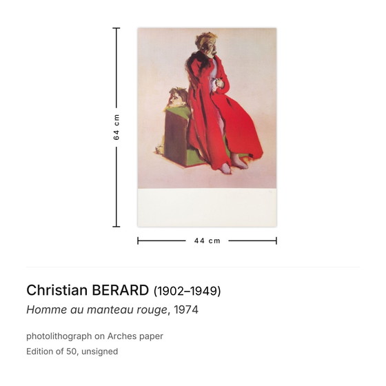 Image 1 of Christian BERARD Man in a red coat photolithograph 1974