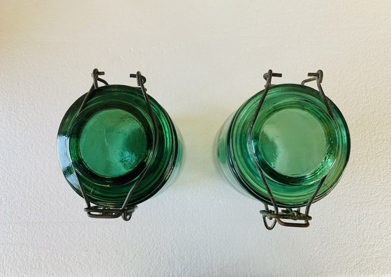 Image 1 of Vintage Franse potten in smaragdgroen glas van L'Ideale, jaren 1940, set van 2