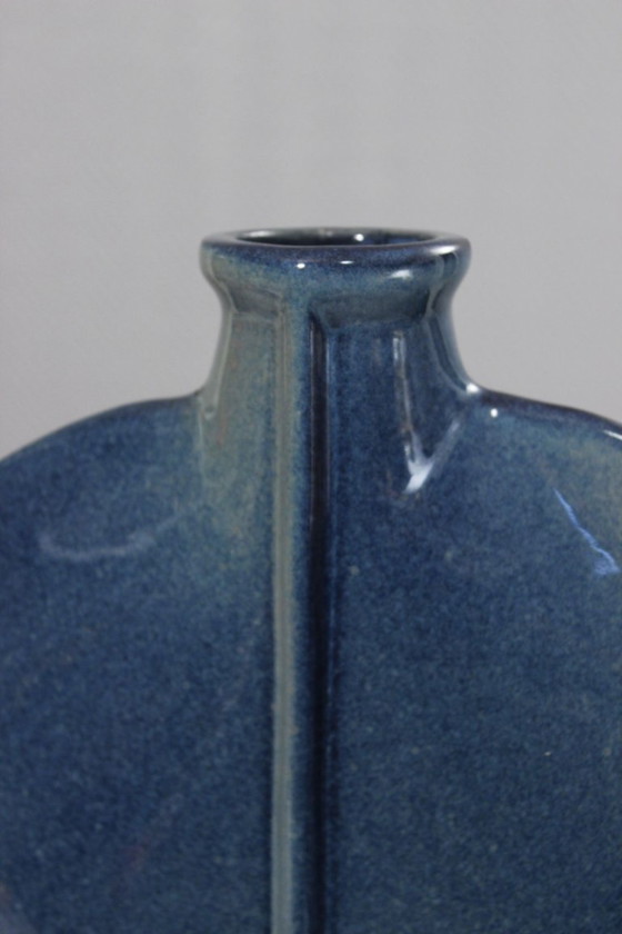 Image 1 of Impressive vintage stoneware lentil vase, modernist design, cobalt blue glaze, 1980s