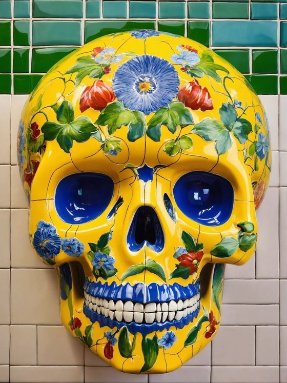 Image 1 of CABEZA MUERTA - Cráneo de Delft estilo cerámica - Impresión giclée sobre placa de aluminio