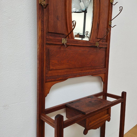 Image 1 of Porte-manteau ancien, porte-manteau sur pied avec miroir, mobilier d'entrée