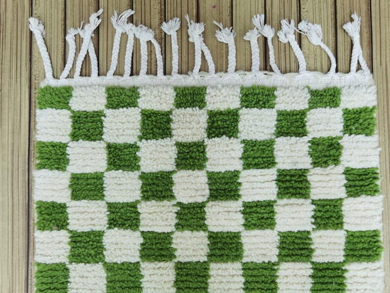 Image 1 of Handwoven Moroccan wool rug, 300/70cm, olive green checkerboard pattern