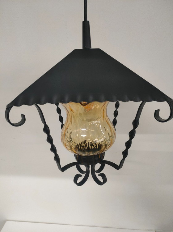 Image 1 of Massive lantern pendant lamp with amber ribbed glass