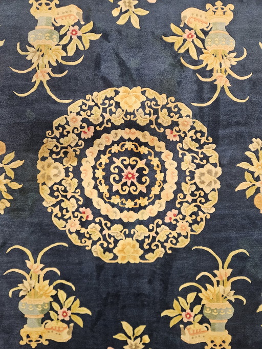 Handgeknüpfter orientalischer Aubusson-Teppich aus Wolle mit blauem Blumenmuster, 307 x 430 cm