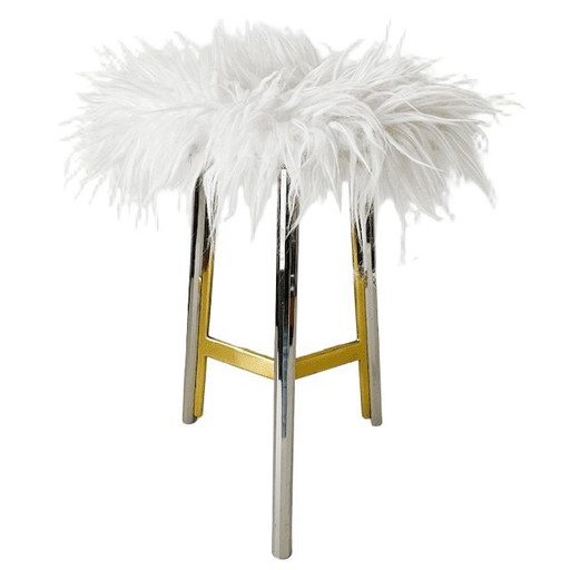 Vintage Italiaans mid-century hollywood regency kruk messing chroom fake fur 1950's