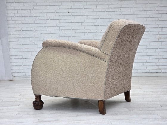 Image 1 of 1950s Danish Art Deco Armchair, Quality Beige Furniture Wool, Oak Wood Legs