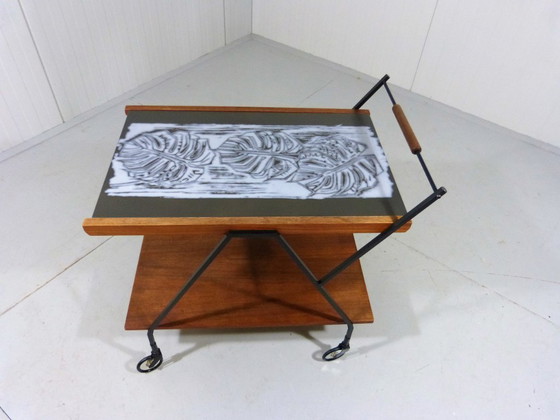 Image 1 of Carrito de teca con mosaico botánico de los años 60