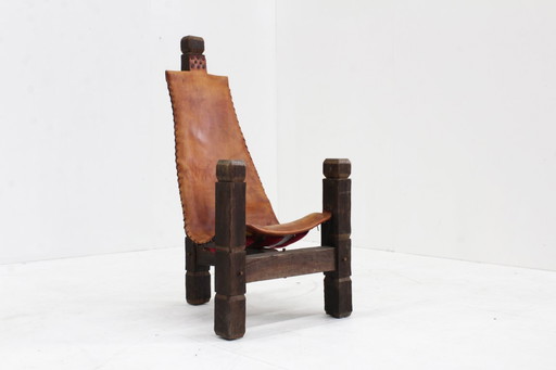 Vintage Brutalist tripod chair leather and wood