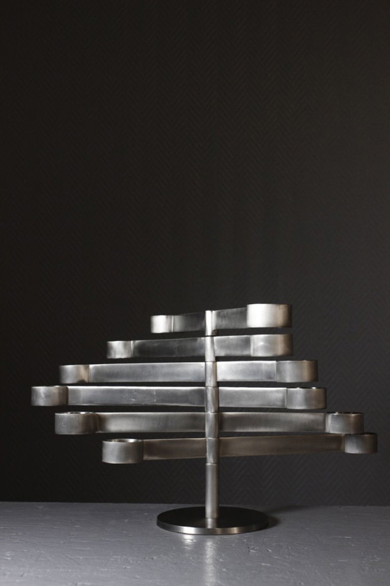Image 1 of Chandelier candélabre vintage modulable aluminium brossé style Georges Bourgeois