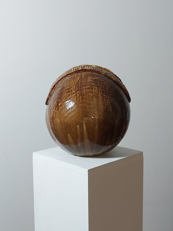 Image 1 of Vintage French brutalist ceramic spherical vase, unique piece