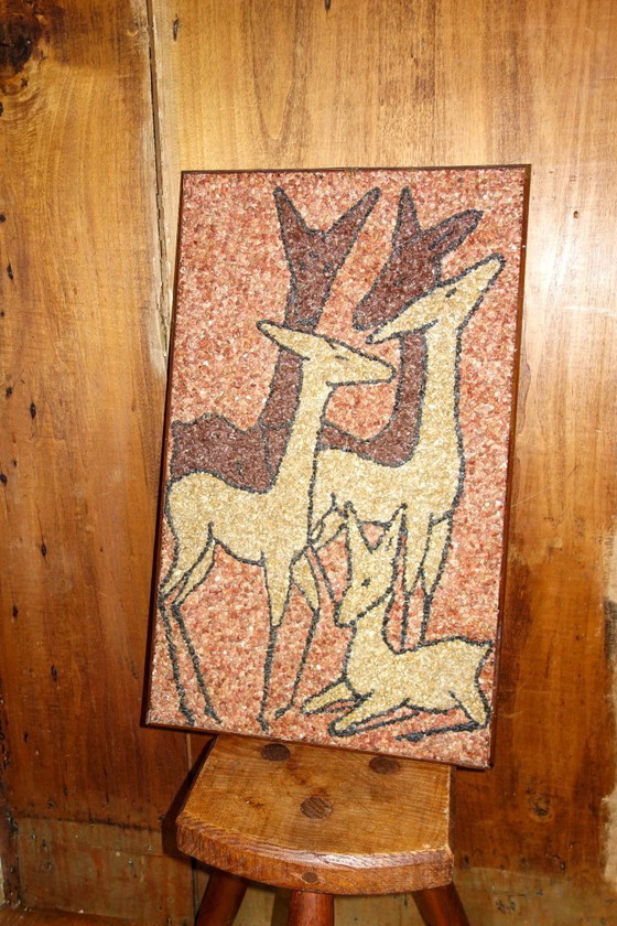 Image 1 of mid-century forest scene wall art * pink gravel mosaic * deer and fawn * kitsch woodland decor