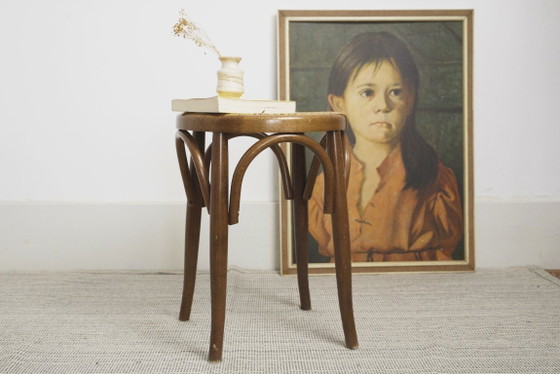 Sgabello vintage in stile Thonet in canna curvata, supporto per piante con seduta rotonda in rattan, (photo 14 of 16)
