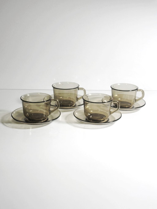 4x Vintage Arcoroc Mokken van gerookt glas, grijsgroen, Frankrijk, set uit de jaren 80/90, Luminarc