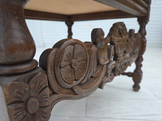 Image 1 of Jaren 30, Deense fauteuil met hoge rugleuning, meubelstof, velours, handgesneden eikenhout.