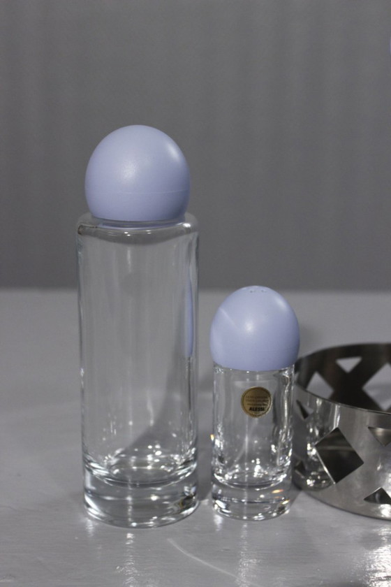 Image 1 of Service à condiments vintage Alessi inox & cristal huilier vinaigrier 1990s