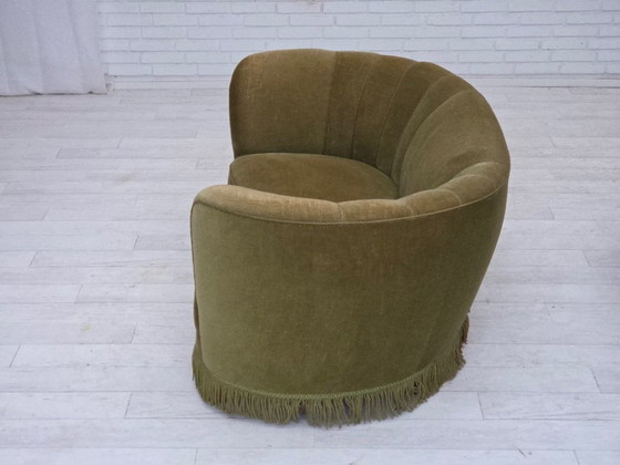 Image 1 of 1960s, Danish 2-seater "Banana" sofa, original green furniture velour.