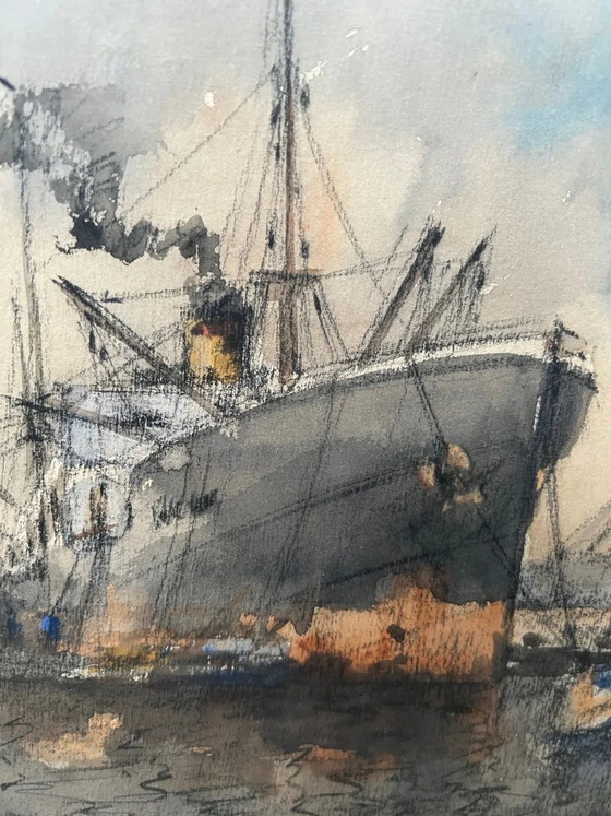 Painting painting "view of the port" – Paintings & Drawings, Paper, Vintage (photo 5 of 6)