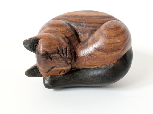 Handmane slapende Siamese kat beeldje |Midcentury teak