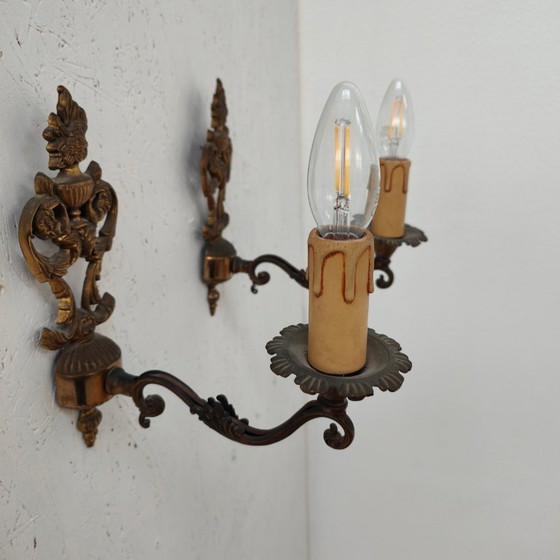Image 1 of Appliques et lampes de chevet vintage en laiton Hollywood Regency