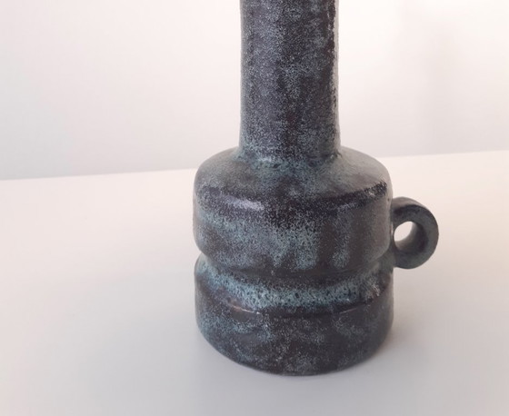 Image 1 of Blue turquoise ceramic lamp base with shades of black, vintage earthenware mcm lamp base
