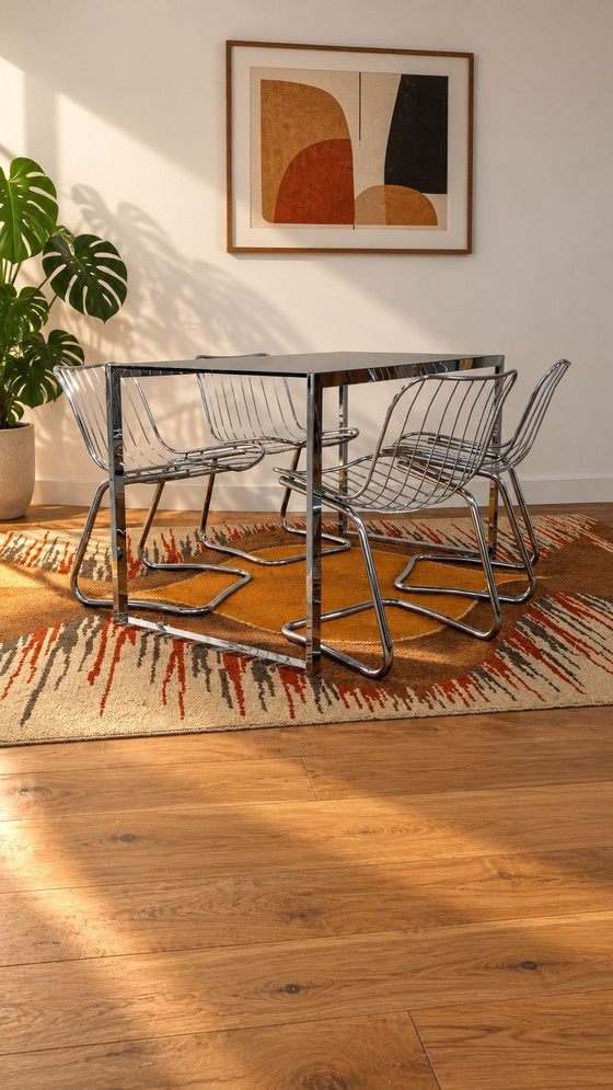 Vintage Space Age Tafel en Stoelen – gastone Rinaldi, Eetkamerset, Glas, Metaal (photo 2 of 10)