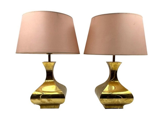 Image 1 of Hollywood regency set van 2 messing tafellampen mod. Piramide, High Society Italië 1970