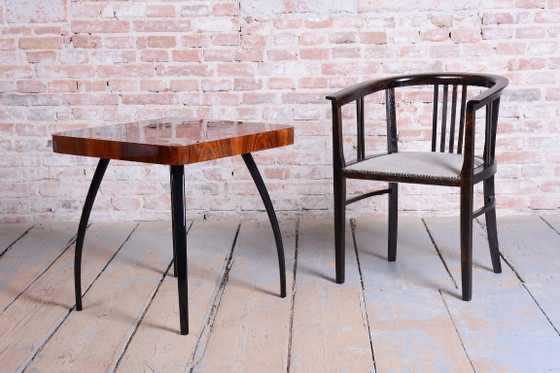 Restored Art Deco Armchair, Oak, Repolished, Reupholstred, Czech, 1920s – Textile, Wood (photo 10 of 15)